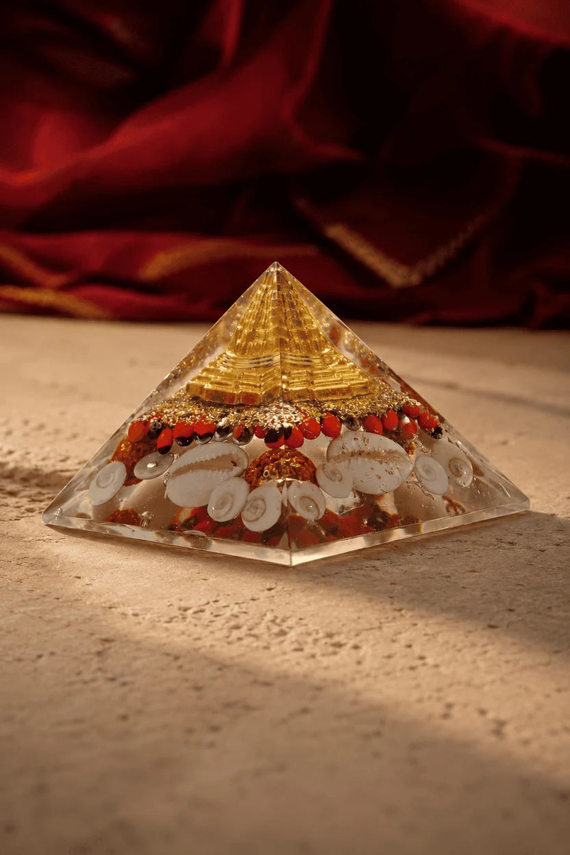 Shree Laxmi Yantra Orgone Pyramid with Gomti Chakra & Rudraksha | Lab Certified